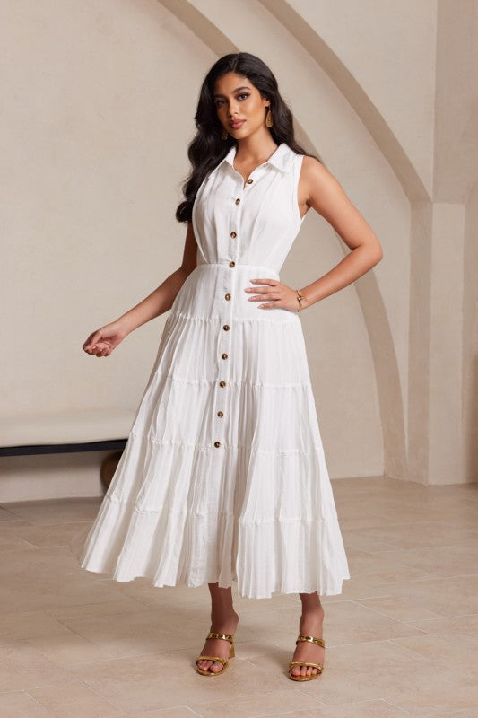 No Residue Pleated White Sleeveless Dress