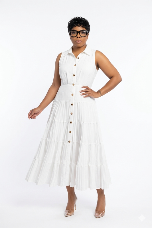 No Residue Pleated White Sleeveless Dress