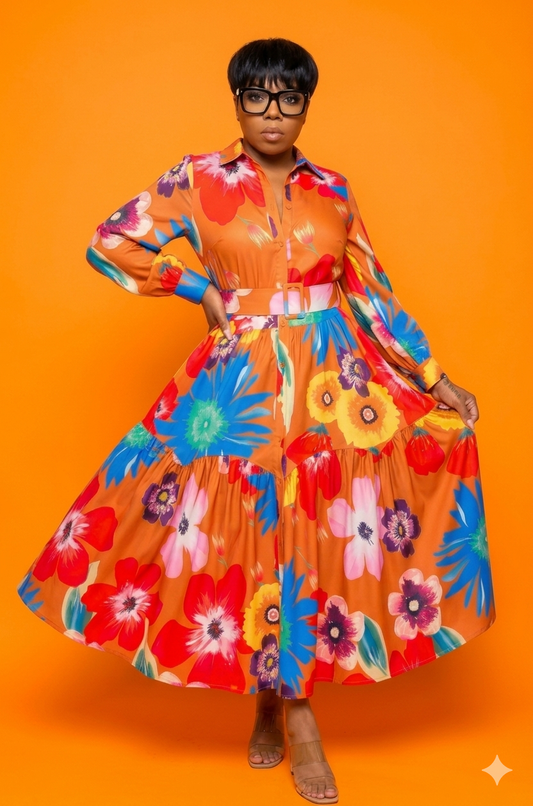 Royal Summer Button Up Belted Midi Dress