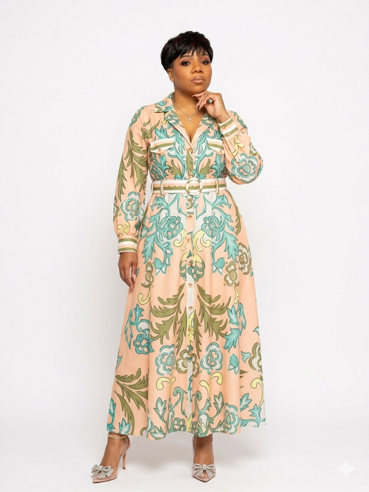The Green Light Floral Belted Shirt Dress
