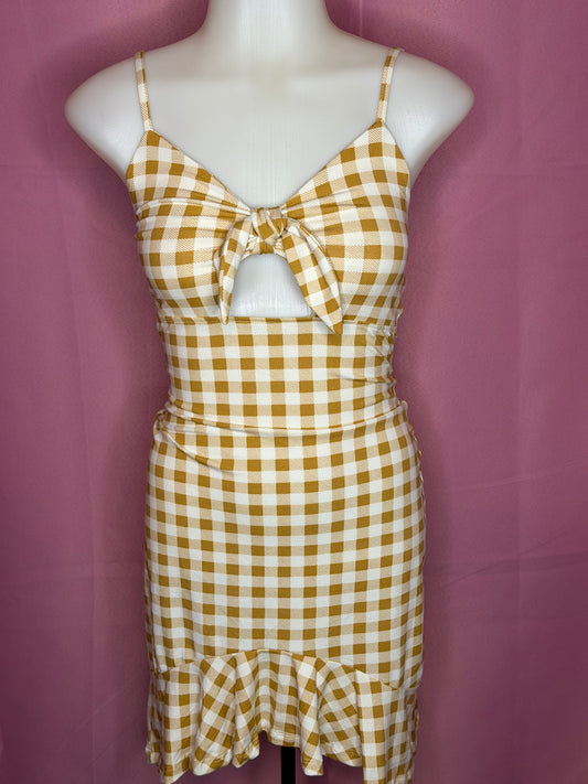 Gingham Ruffle Hem Peekaboo Cutout Dress