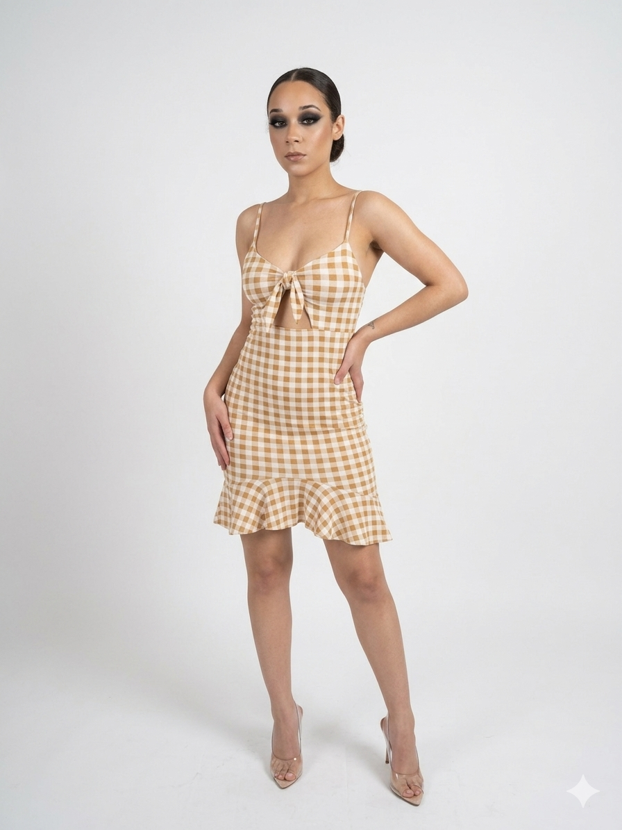 Gingham Ruffle Hem Peekaboo Cutout Dress