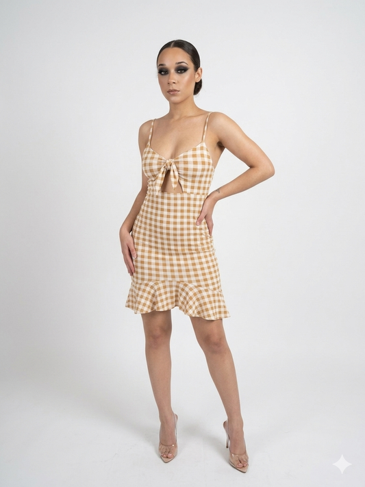 Gingham Ruffle Hem Peekaboo Cutout Dress