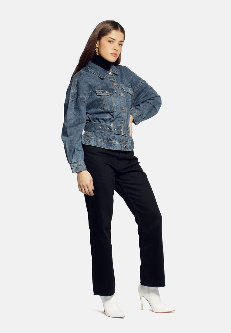 Balloon Sleeve Belted Denim Shacket