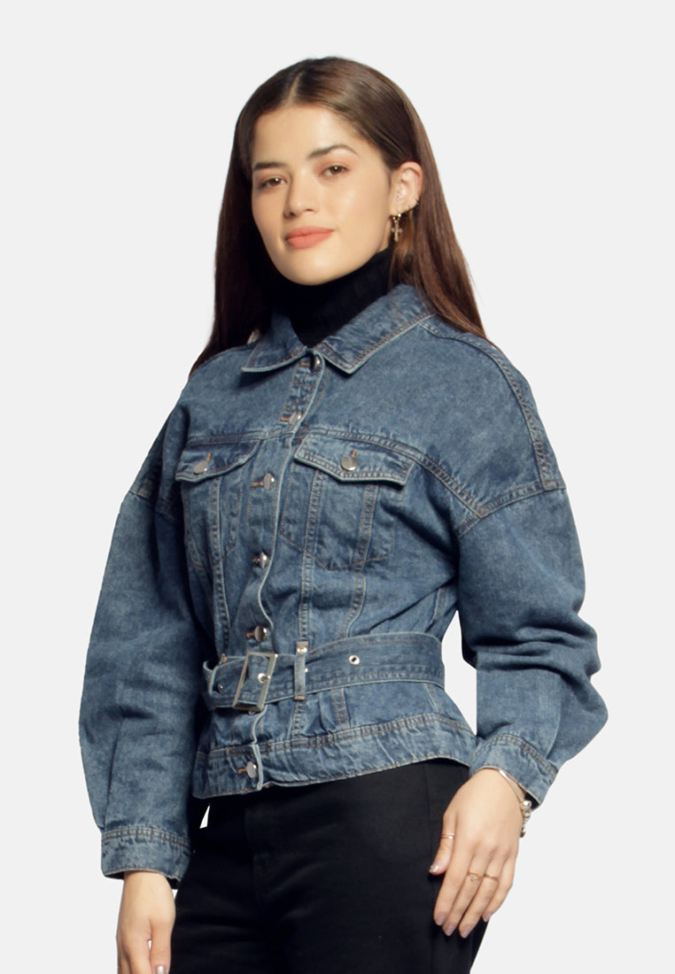 Balloon Sleeve Belted Denim Shacket