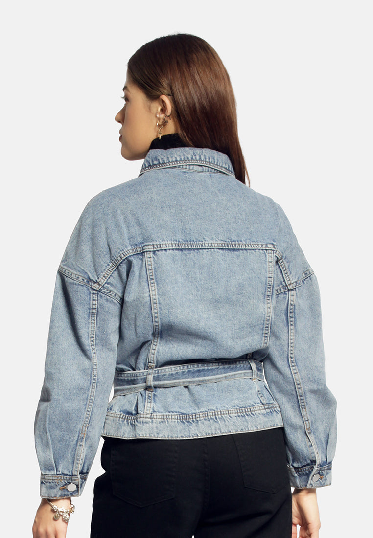 Balloon Sleeve Belted Denim Shacket